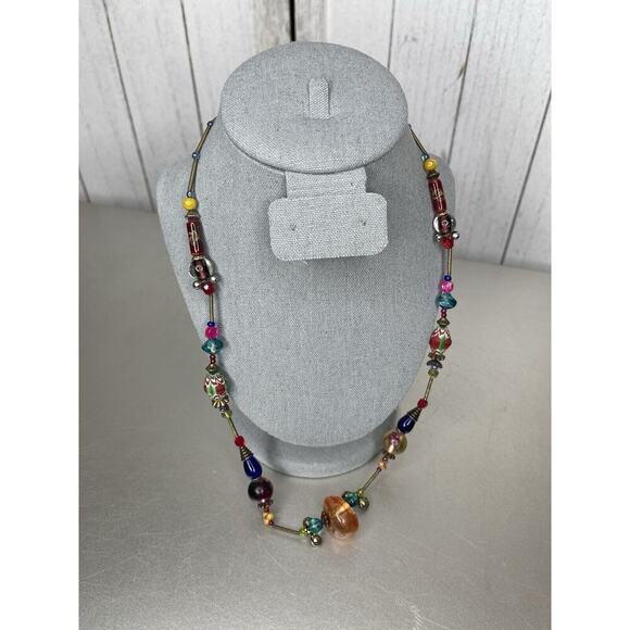 Treska Necklace Multicolor Glass Beads Floral Mixed Media Boho Statement - Picture 3 of 5